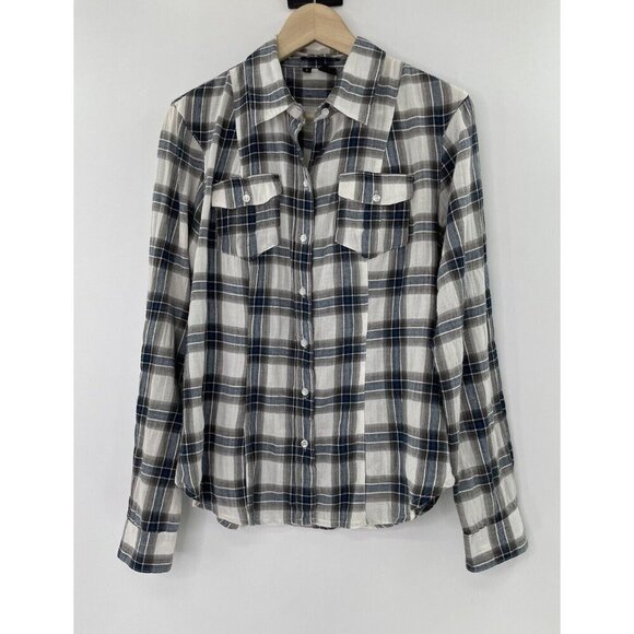 Sandra Ingrish Women’s Plaid Lightweight Collared Button Up Roll Tab Blouse Sz S - Picture 1 of 8